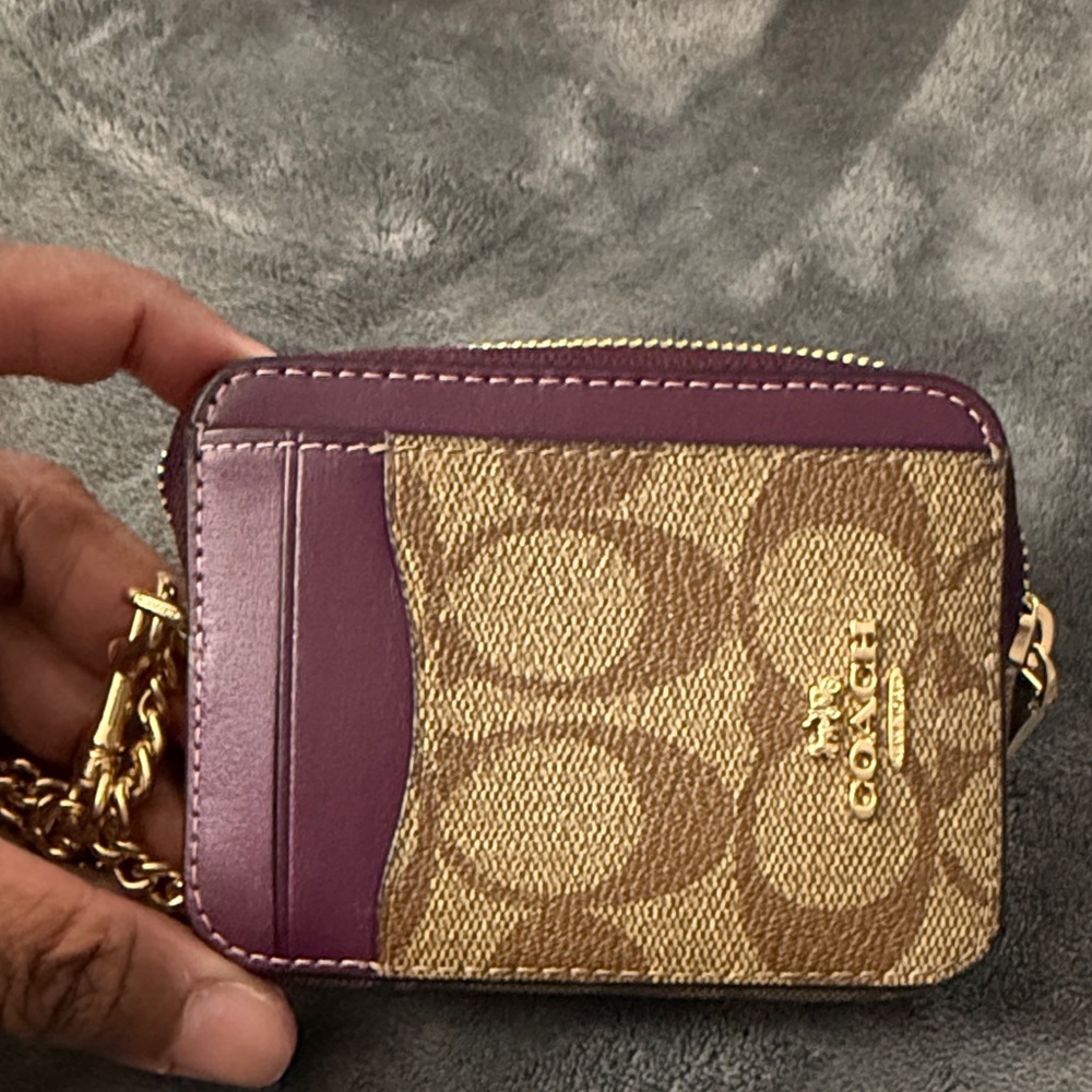 Coach Tan and Purple Card Holder with Gold Chain